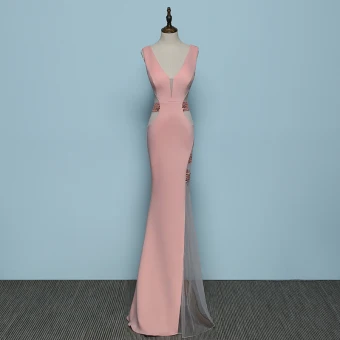 Chic Belle Perle Rose Robe De Soirée 2019 Trompette Sirène V Cou Faux Diamant Sans Manches Dos Nu Longue Robe De Ceremonie