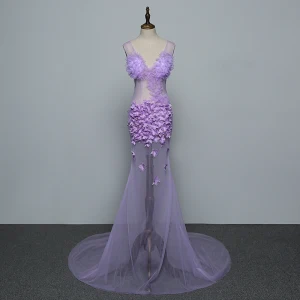 Sexy Lilac See Through Evening Dresses 2019 Trumpet Mermaid V Neck Appliques Sleeveless Backless Sweep Train Formal Dresses