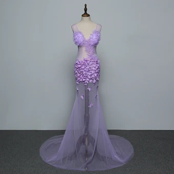 Sexy Lilas Transparentes Robe De Soirée 2019 Trompette Sirène V Cou Appliques Sans Manches Dos Nu Train De Balayage Robe De Ceremonie