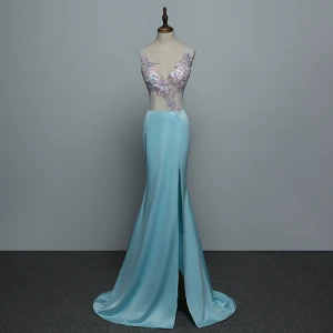 Sexy Pool Blue Evening Dresses 2019 Trumpet Mermaid V Neck Rhinestone Lace Flower Sleeveless Backless Sweep Train Formal Dresses