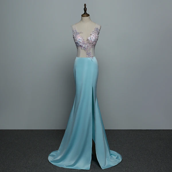 Sexy Bleu Robe De Soirée 2019 Trompette / Sirène V-Cou Faux Diamant En Dentelle Fleur Sans Manches Dos Nu Train De Balayage Robe De Ceremonie