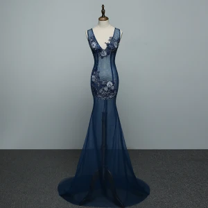Sexy Navy Blue See Through Evening Dresses 2019 Trumpet Mermaid V Neck Pearl Rhinestone Lace Flower Sleeveless Backless Sweep Train Formal Dresses