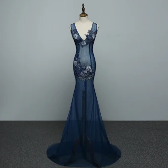 Sexy Bleu Marine Transparentes Robe De Soirée 2019 Trompette Sirène V Cou Perle Faux Diamant En Dentelle Fleur Sans Manches Dos Nu Train De Balayage Robe De Ceremonie