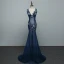 Sexy Marineblau Durchsichtige Abendkleider 2019 Meerjungfrau V-Ausschnitt Perle Strass Spitze Blumen Ärmellos Rückenfreies Sweep / Pinsel Zug Festliche Kleider