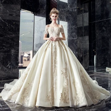 Charming Champagne Wedding Dresses 2019 A Line Princess Off The Shoulder Beading Sequins Lace Flower Short Sleeve Backless Royal Train