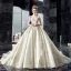 Charming Champagne Wedding Dresses 2019 A-Line / Princess Off-The-Shoulder Beading Sequins Lace Flower Short Sleeve Backless Royal Train