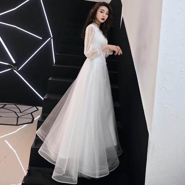 Elegant White Evening Dresses 2019 A-Line / Princess V-Neck Sequins Lace Flower 3/4 Sleeve Floor-Length / Long Formal Dresses