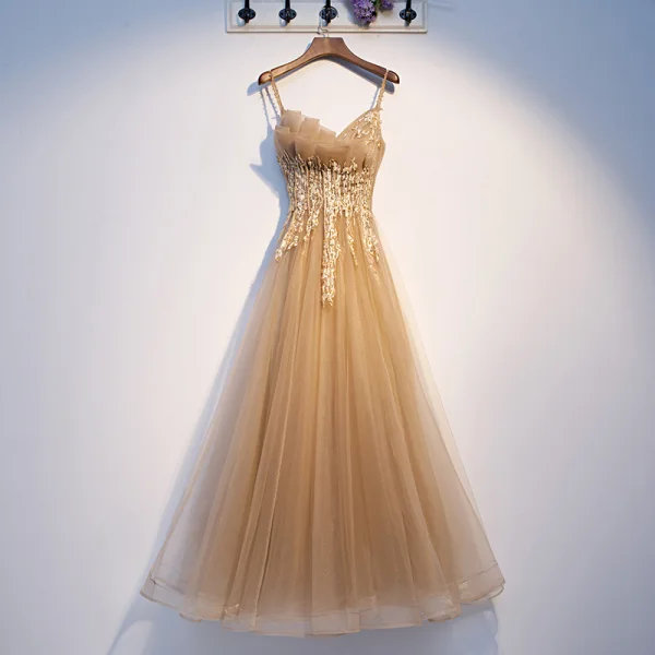 Elegant Champagne Evening Dresses 2019 A-Line / Princess Spaghetti Straps  Beading Rhinestone Lace Flower Sleeveless Backless