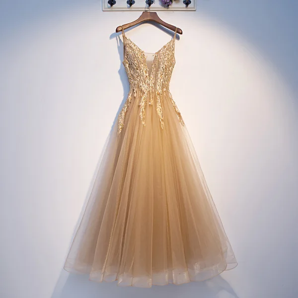 Élégant Champagne Robe De Soirée 2019 Princesse Bretelles Spaghetti Perlage Paillettes En Dentelle Fleur Sans Manches Dos Nu Longue Robe De Ceremonie
