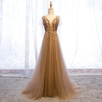 Élégant Champagne Robe De Soirée 2019 Princesse V Cou Perlage Faux Diamant Appliques En Dentelle Fleur Manches Courtes Dos Nu Train De Balayage Robe De Ceremonie