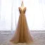 Élégant Champagne Robe De Soirée 2019 Princesse V-Cou Perlage Faux Diamant Appliques En Dentelle Fleur Manches Courtes Dos Nu Train De Balayage Robe De Ceremonie
