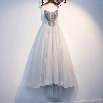 Chic Beautiful Grey Prom Dresses 2019 A Line Princess Spaghetti Straps Beading Sequins Sleeveless Backless Asymmetrical Formal Dresses