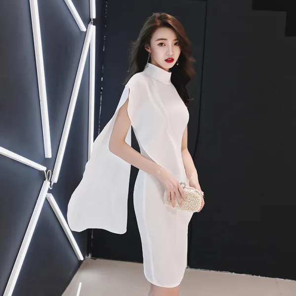 Chic / Beautiful White With Shawl Party Dresses 2019 High Neck Sleeveless Knee-Length Formal Dresses