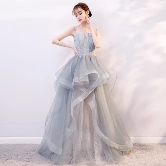 Modern Fashion Sage Green Silver Prom Dresses 2019 A Line Princess Spaghetti Straps Lace Flower Sleeveless Backless Cascading Ruffles Floor Length Long Formal Dresses