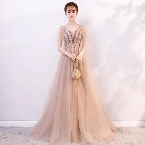 Élégant Champagne Robe De Soirée 2019 Princesse V Cou Appliques En Dentelle Fleur Paillettes Manches Courtes Dos Nu Longue Robe De Ceremonie