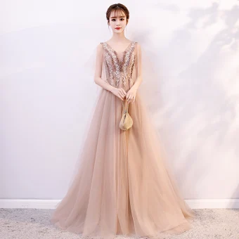 Élégant Champagne Robe De Soirée 2019 Princesse V Cou Appliques En Dentelle Fleur Paillettes Manches Courtes Dos Nu Longue Robe De Ceremonie
