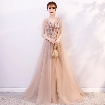 Élégant Champagne Robe De Soirée 2019 Princesse V Cou Appliques En Dentelle Fleur Paillettes Manches Courtes Dos Nu Longue Robe De Ceremonie