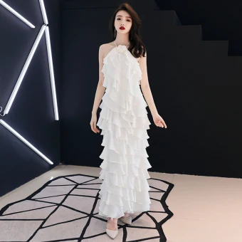 Modern Fashion Ivory Evening Dresses 2019 Halter Sleeveless Backless Cascading Ruffles Ankle Length Formal Dresses