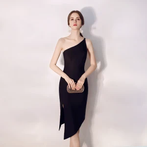 Modest Simple Black Evening Dresses 2019 One Shoulder Sleeveless Backless Split Front Formal Dresses