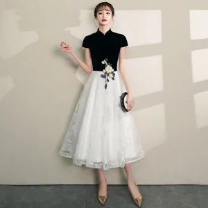 Style Chinois Noire De Retour Robe De Graduation 2019 Princesse Col Haut En Dentelle Fleur Étoile Manches Courtes Thé Longueur Robe De Ceremonie
