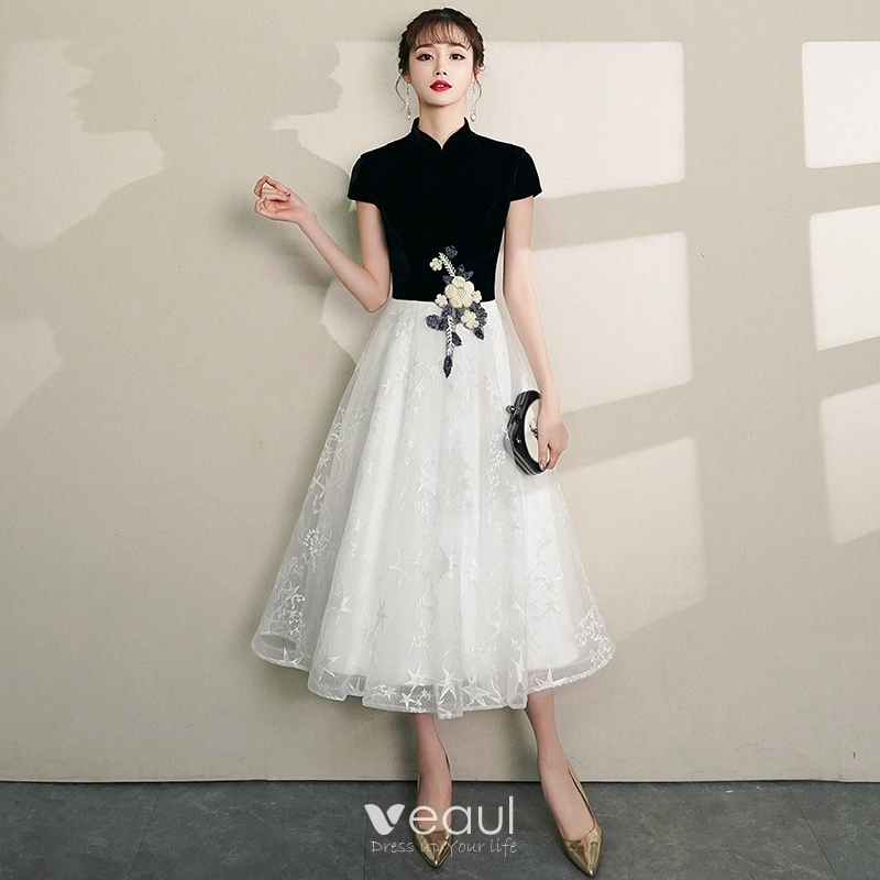 Chinese style Black Homecoming Graduation Dresses 2019 A Line Princess High Neck Lace Flower Star Short Sleeve Tea length Formal Dresses