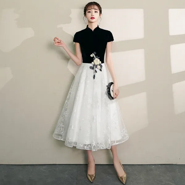 Chinese style Black Homecoming Graduation Dresses 2019 A-Line / Princess High Neck Lace Flower Star Short Sleeve Tea-length Formal Dresses
