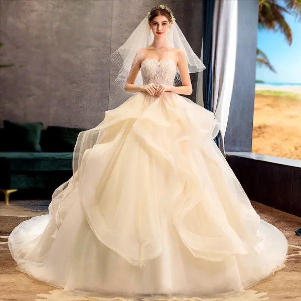 Luxury / Gorgeous Champagne Wedding Dresses 2019 Ball Gown Sweetheart Beading Sequins Lace Flower Sleeveless Backless Cascading Ruffles Chapel Train