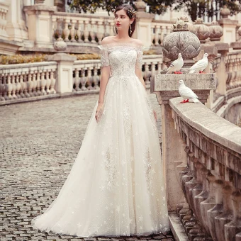 Chic Beautiful Champagne Wedding Dresses 2019 A Line Princess Off The Shoulder Star Beading Lace Flower Short Sleeve Backless Floor Length Long