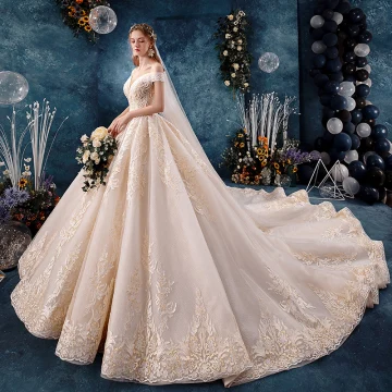 Charming Champagne Wedding Dresses 2019 A Line Princess Off The Shoulder Beading Lace Flower Sleeveless Backless Royal Train