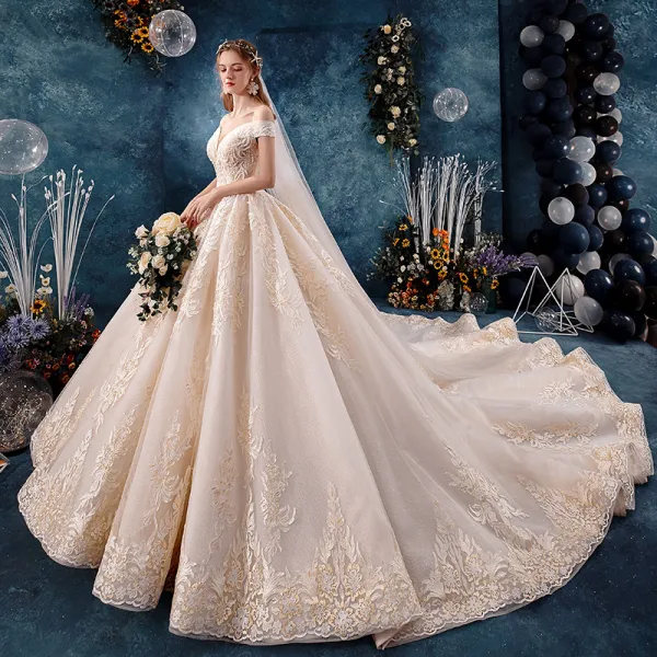 Charming Champagne Wedding Dresses 2019 A-Line / Princess Off-The-Shoulder Beading Lace Flower Sleeveless Backless Royal Train