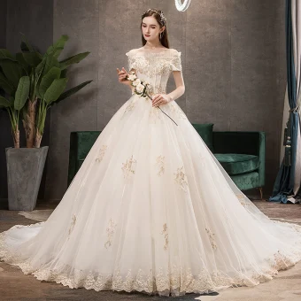 Elegant Champagne Wedding Dresses 2019 A Line Princess Off The Shoulder Pearl Sequins Lace Flower Short Sleeve Chapel Train