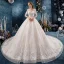 Classy Ivory Wedding Dresses 2019 A-Line / Princess Scoop Neck Beading Sequins Pearl Lace Flower Short Sleeve Backless Cathedral Train