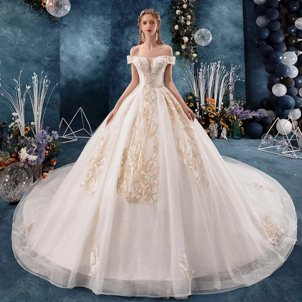 Classy Champagne Wedding Dresses 2019 A-Line / Princess Off-The-Shoulder Beading Rhinestone Sequins Lace Flower Short Sleeve Backless Royal Train