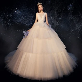 Fabulous Champagne Wedding Dresses 2019 Ball Gown Scoop Neck Beading Sleeveless Backless Cathedral Train