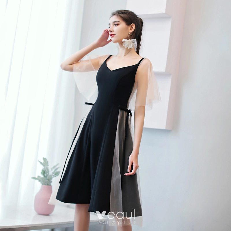 Chic Beautiful Black Homecoming Graduation Dresses 2019 A Line Princess Spaghetti Straps Bow Short Sleeve Backless Knee Length Formal Dresses