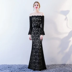 Chic Beautiful Black Evening Dresses 2018 Trumpet Mermaid Lace Flower Off The Shoulder Backless Long Sleeve Floor Length Long Formal Dresses