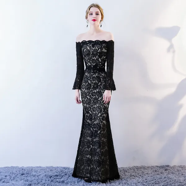 Chic / Beautiful Black Evening Dresses 2018 Trumpet / Mermaid Lace ...
