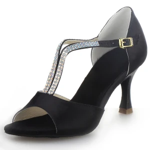 Fashion Black Rhinestone Prom Latin Dance Shoes 2021 T Strap 7 Cm Stiletto Heels Open Peep Toe Womens Sandals High Heels