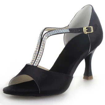 Fashion Black Rhinestone Prom Latin Dance Shoes 2021 T Strap 7 Cm Stiletto Heels Open Peep Toe Womens Sandals High Heels