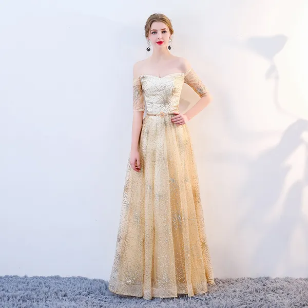 Sparkly Gold Evening Dresses  2018 A-Line / Princess Glitter Sequins Metal Sash Off-The-Shoulder Backless Short Sleeve Floor-Length / Long Formal Dresses