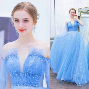 Élégant Bleu Robe De Soirée 2019 Princesse Encolure Dégagée Perlage Paillettes Étoile Manches Courtes Dos Nu Train De Balayage Robe De Ceremonie