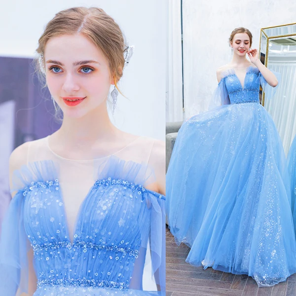Elegante Blau Abendkleider 2019 A Linie Rundhalsausschnitt Perlenstickerei Pailletten Star Kurze Ärmel Rückenfreies Sweep / Pinsel Zug Festliche Kleider