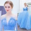 Elegante Blau Abendkleider 2019 A Linie Rundhalsausschnitt Perlenstickerei Pailletten Star Kurze Ärmel Rückenfreies Sweep / Pinsel Zug Festliche Kleider
