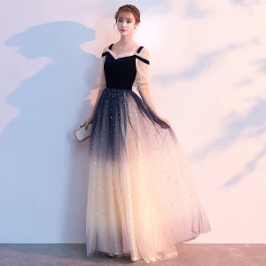 Scintillantes Bleu Marine Robe De Soirée 2019 Princesse Bretelles Spaghetti Étoile Paillettes 1 2 Manches Dos Nu Longue Robe De Ceremonie