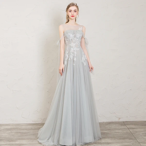 Elegant Grey Evening Dresses 2019 A-Line / Princess Scoop Neck Appliques Lace Flower Sleeveless Backless Floor-Length / Long Formal Dresses