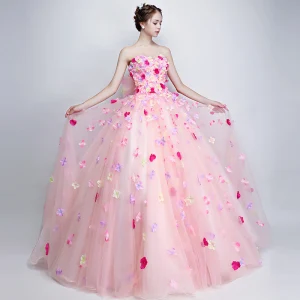 Chic Beautiful Flower Fairy Candy Pink Prom Dresses 2019 A Line Princess Strapless Appliques Sleeveless Backless Bow Floor Length Long Formal Dresses