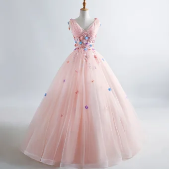 Elegant Pearl Pink Prom Dresses 2019 A Line Princess V Neck Appliques Pearl Lace Flower Sleeveless Backless Floor Length Long Formal Dresses