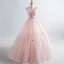 Elegant Pearl Pink Prom Dresses 2019 A-Line / Princess V-Neck Appliques Pearl Lace Flower Sleeveless Backless Floor-Length / Long Formal Dresses
