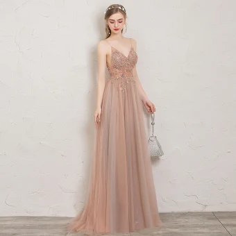 Chic Belle Perle Rose Robe De Soirée 2019 Princesse Bretelles Spaghetti Perlage Cristal Perle Paillettes Sans Manches Dos Nu Fendue Devant Longue Robe De Ceremonie