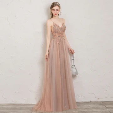 Chic Belle Perle Rose Robe De Soirée 2019 Princesse Bretelles Spaghetti Perlage Cristal Perle Paillettes Sans Manches Dos Nu Fendue Devant Longue Robe De Ceremonie